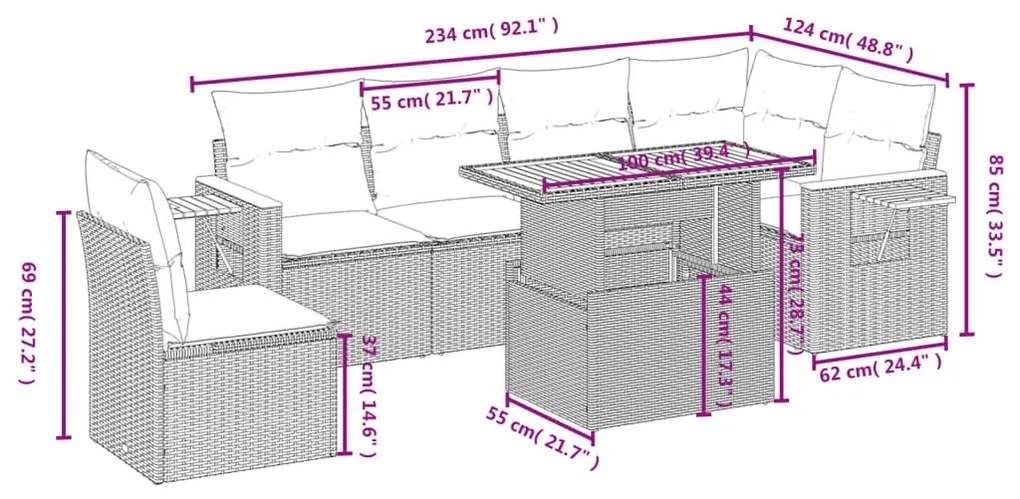 7 részes fekete polyrattan kerti ülőgarnitúra párnával