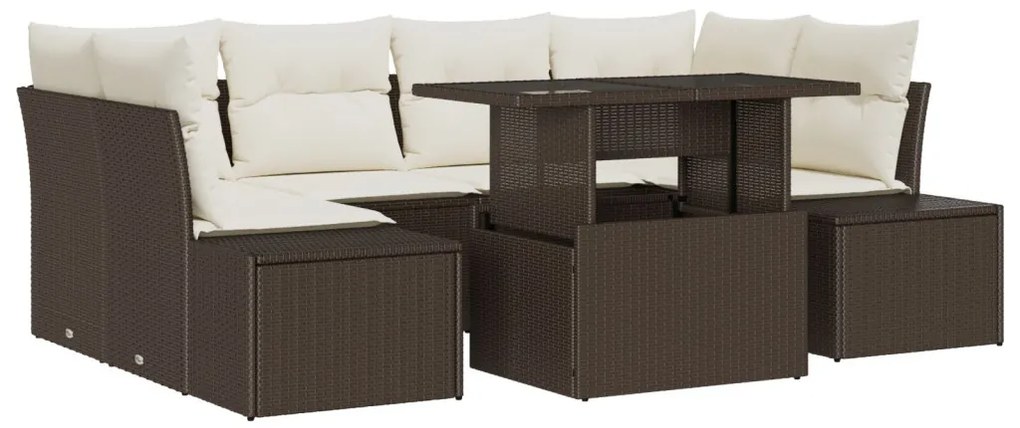 7 Darabos Kerti Sofasor Párnákkal Barna Poli Rattan