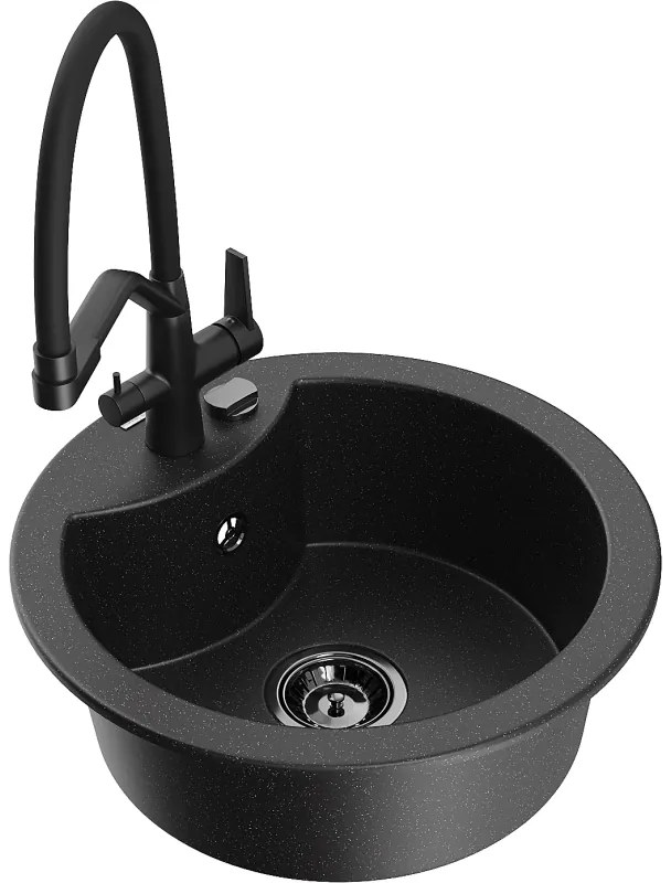 Mexen Diego, 1 kamrás gránit mosogató 488x488x167 mm és Duo mosogató csaptelep, fekete-ezüst metál, 6512-73-671701-70-B