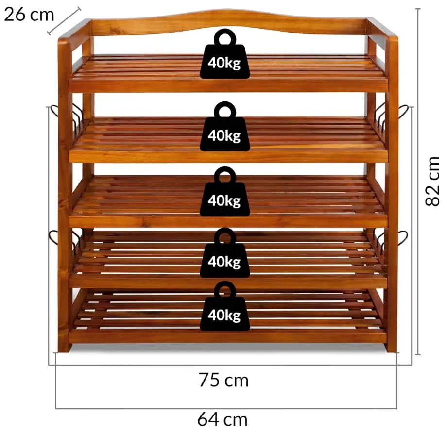 RUSTIC cipőtartó polc, 5 polc, 75x26x82cm, természetes barna Casaria