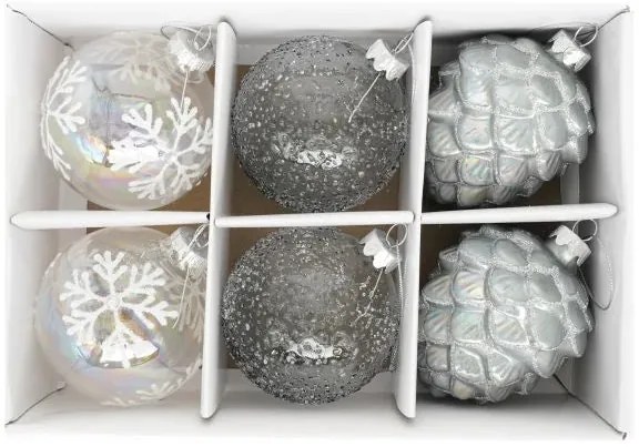 Karácsonyi üveg gömb dísz toboz glitter dekorral 8 cm 6 db szett ezüst