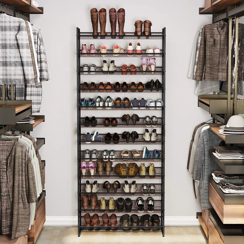 Egymásra rakható 12 szintes cipőtartó, állítható cipőspolc, fekete