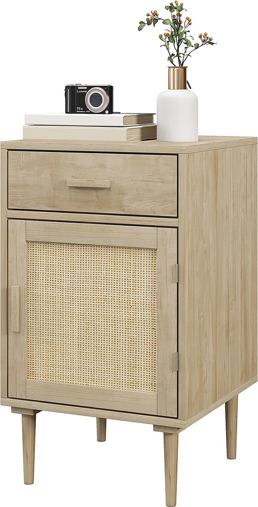 HOMCOM Éjjeliszekrény Woven Rattan Ajtóval, Polccal és 1 Fiókkal - Bohém Stílus - 40 x 40 x 68,5 cm Természetes | Aosom