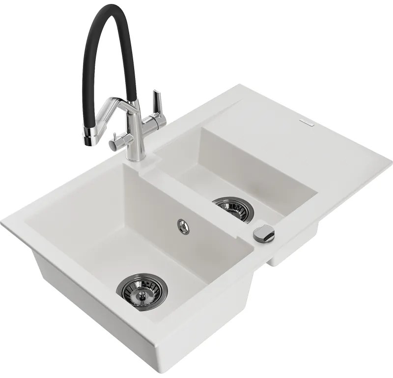 Mexen Gaspar 1,5 rekeszes gránit mosogató csepegtetővel és Duo konyhai csapteleppel, fehér - 6507-20-671701-07-B