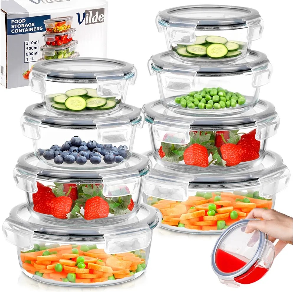 8x Konyhai üveg ételtárolók hőálló nagy tároló szett