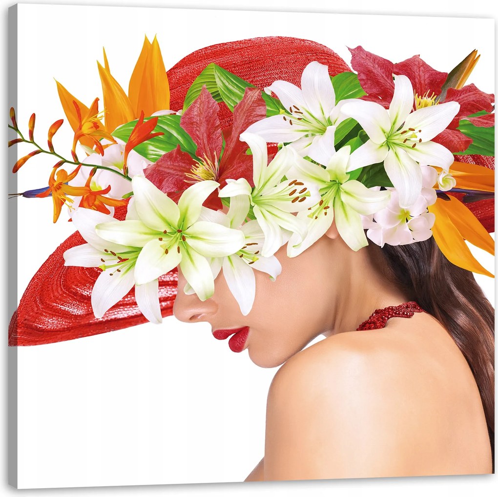 Vászonkép Nő Virágok Tavasz Kalap 80X80 cm Ajándéknak is tökéletes