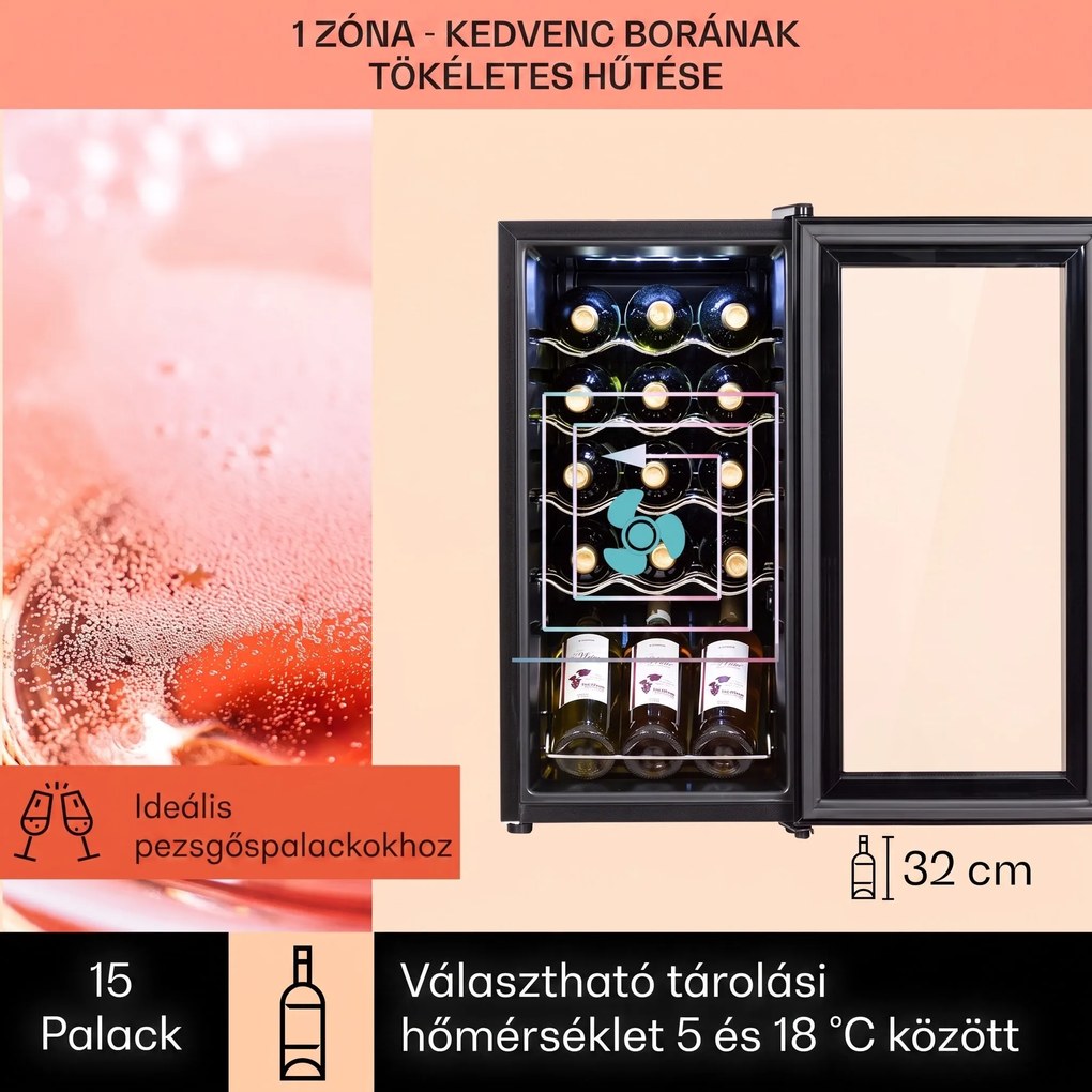 Klarstein Shiraz 15 Slim Uno, borhűtő, 44 liter, 135 W, 5 – 18 °C, érintőképernyős, fekete