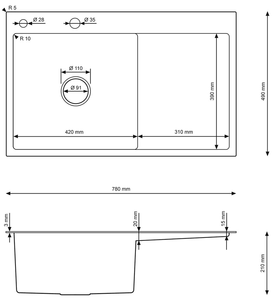 Erga HD, 1 kamrás acél mosogató 780x490x210 mm, jobb, arany, ERG-MLS-HD7849RG
