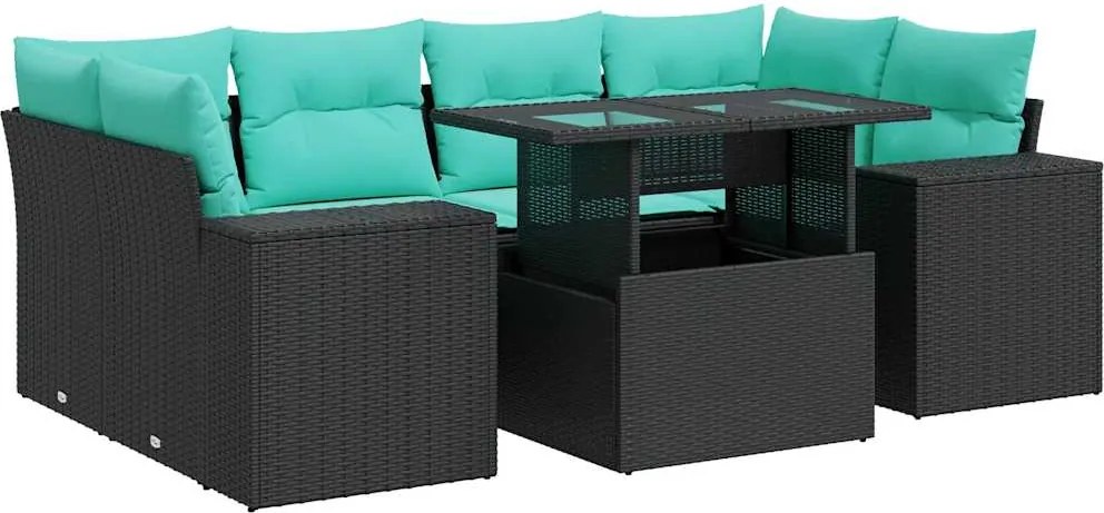 vidaXL 7 részes fekete polyrattan akácfa kerti ülőgarnitúra párnával