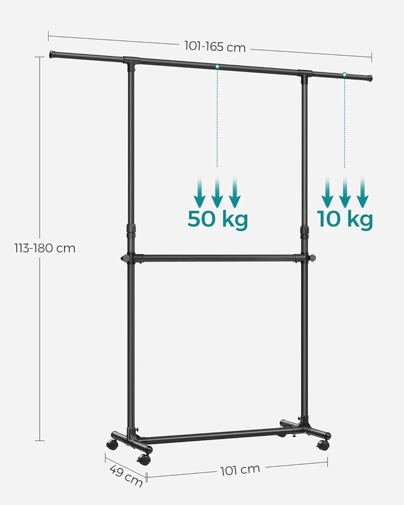 Dupla Ruhafogas, Állítható Felső Rúddal, Görgős, 113-180 cm, Fekete