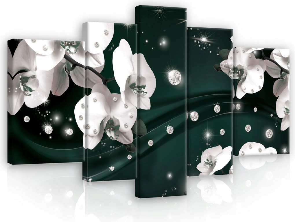 Vászonkép 5 Részes Virágok Orchidea Zöld Gyémántok Absztrakt 170x100