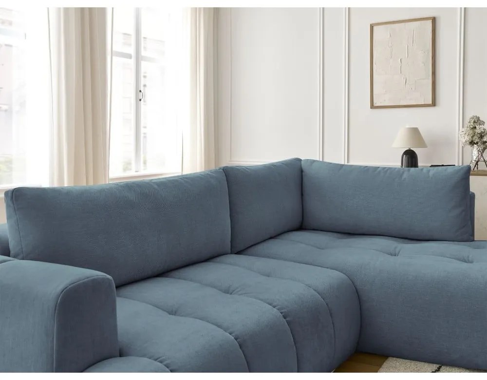 Kék kinyitható-tárolóhelyes sarokkanapé (jobb oldali-L alakú) Fuji – Bobochic Paris