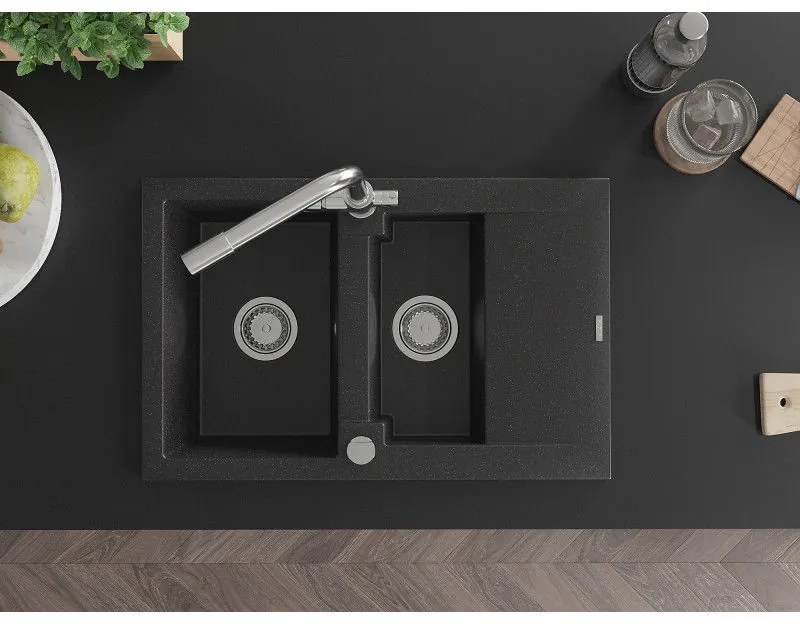 Mexen Gaspar, gránit mosogató 737x475x177 mm, 1,5 kamrás, Duero króm csaptelep, fekete-ezüst metál, 6507-73-671600-00