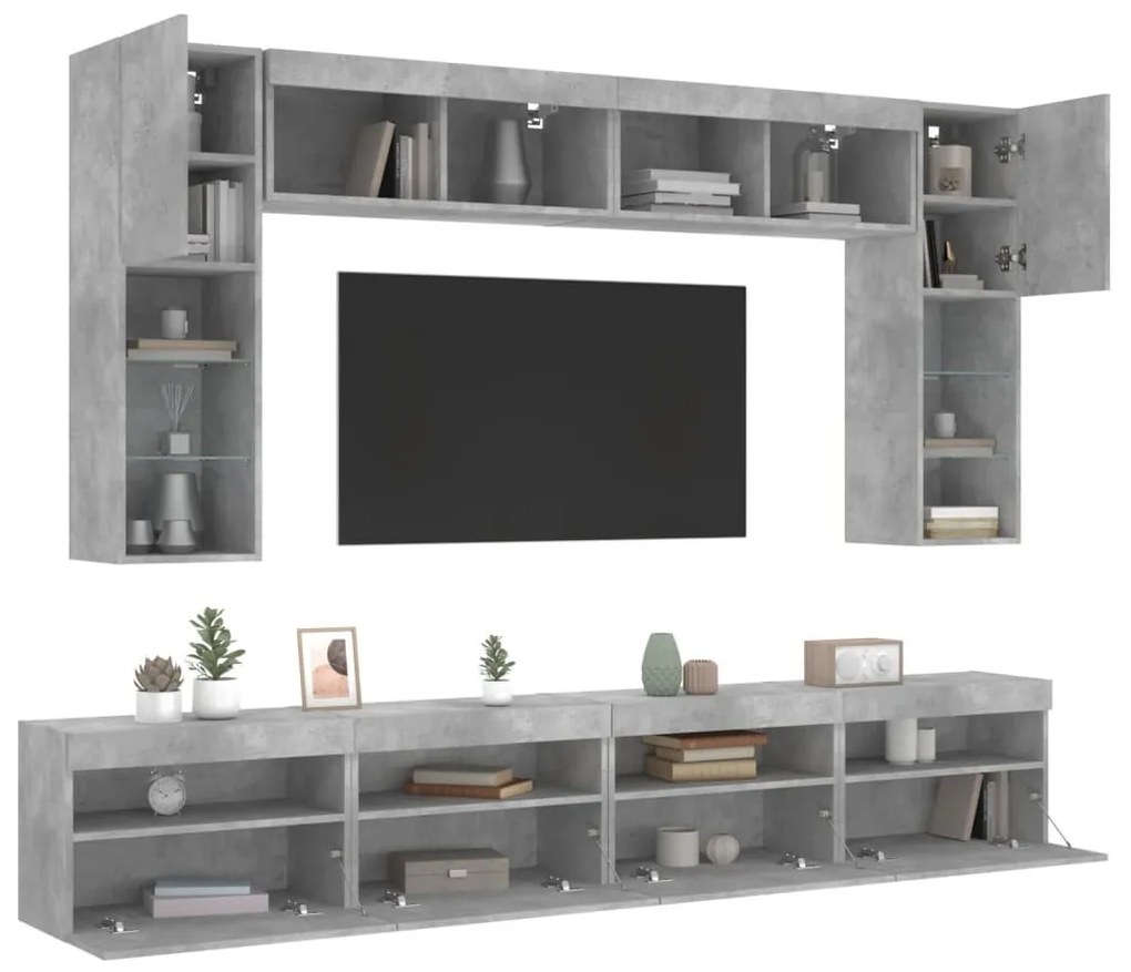 8 darabos betonszürke fali TV-szekrény szett LED-del
