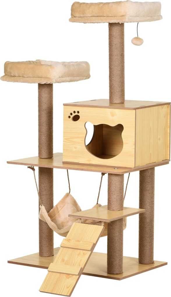 PawHut Macska Kaparófája 130 cm Magas Macska Torony Sisal Kaparóoszlopokkal, 2 Ágy, Függő Ágy, Kalyiba, Lógó Labda és Lépcső 60x40x130 cm Természetes