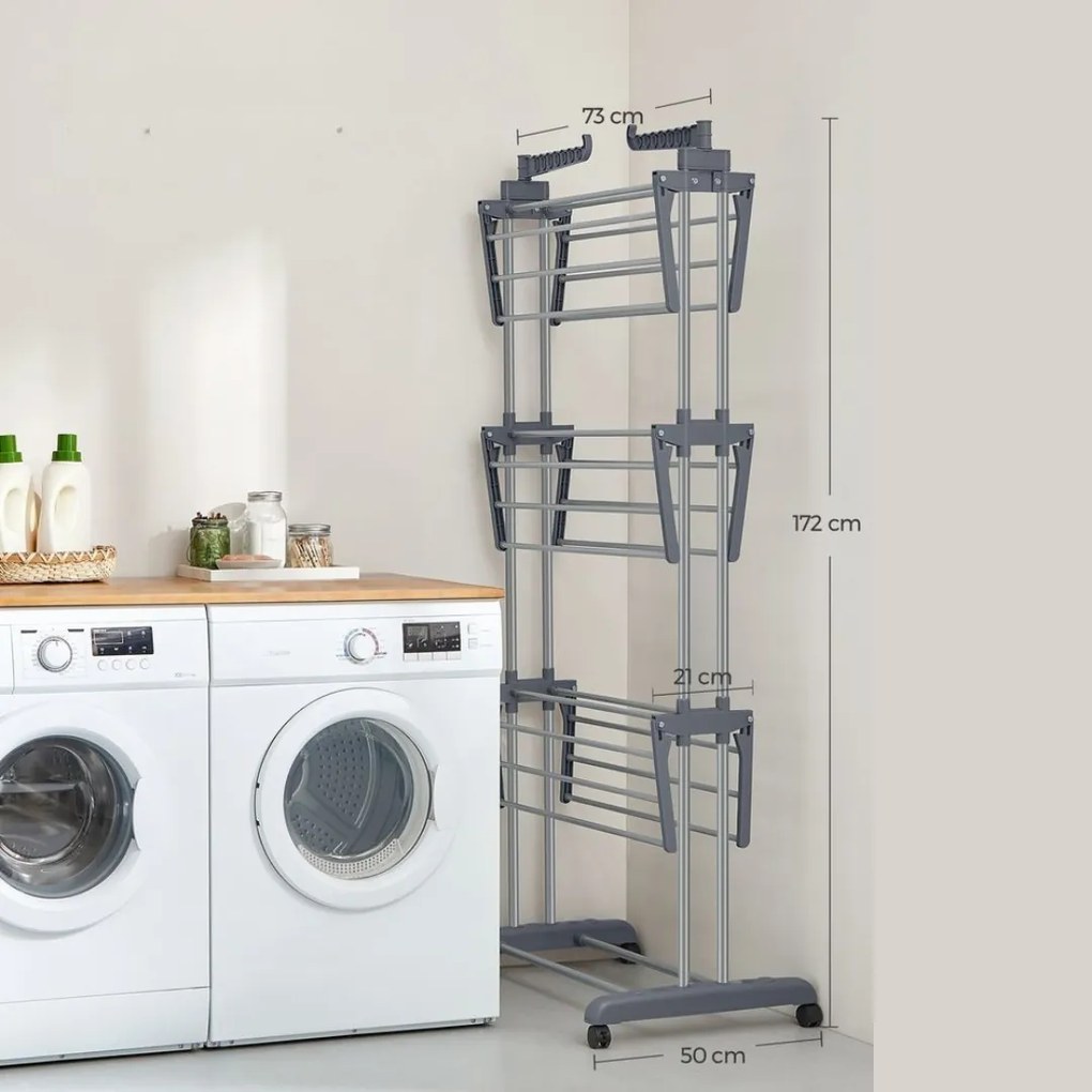 ELTON ruhaszárító 4 szintes, kerekekkel, 76x172x50 cm, szürke SongmicsHome