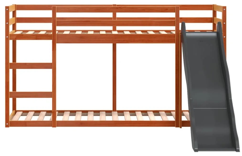 barna tömör fenyő emeletes ágy csúszdával és létrával 90x200 cm