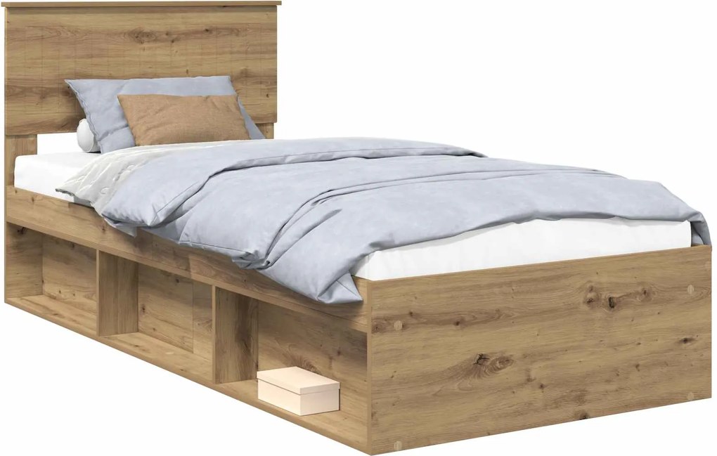 vidaXL Ágykeret fejtámlával Művészi tölgy 90 x 190 cm Tömör fenyőfa