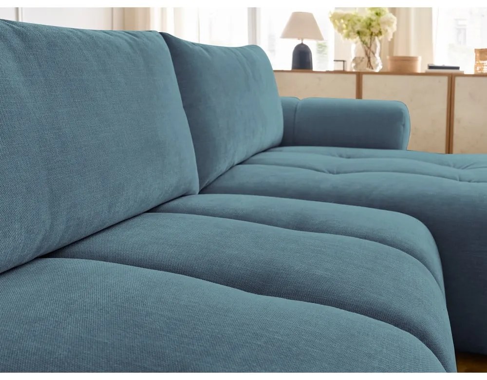 Kék kinyitható-tárolóhelyes sarokkanapé (jobb oldali-heverő résszel) Fuji – Bobochic Paris