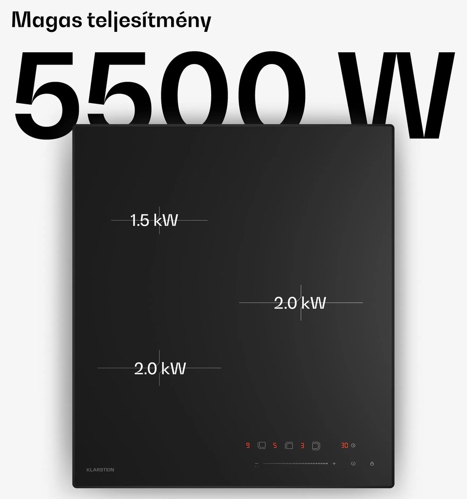 Klarstein Velaire indukciós főzőlap | Elegáns, minimalista, helytakarékos | 3 főzőzóna | 5500 W | 45 cm