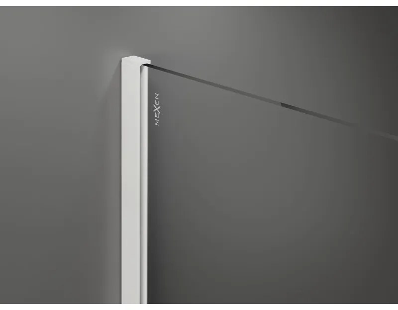Mexen Kioto+, Walk-In zuhany paraván polccal és akasztóval 130 x 200 cm, 8 mm átlátszó üveg fekete mintás, fehér profil, 800-130-121-20-70