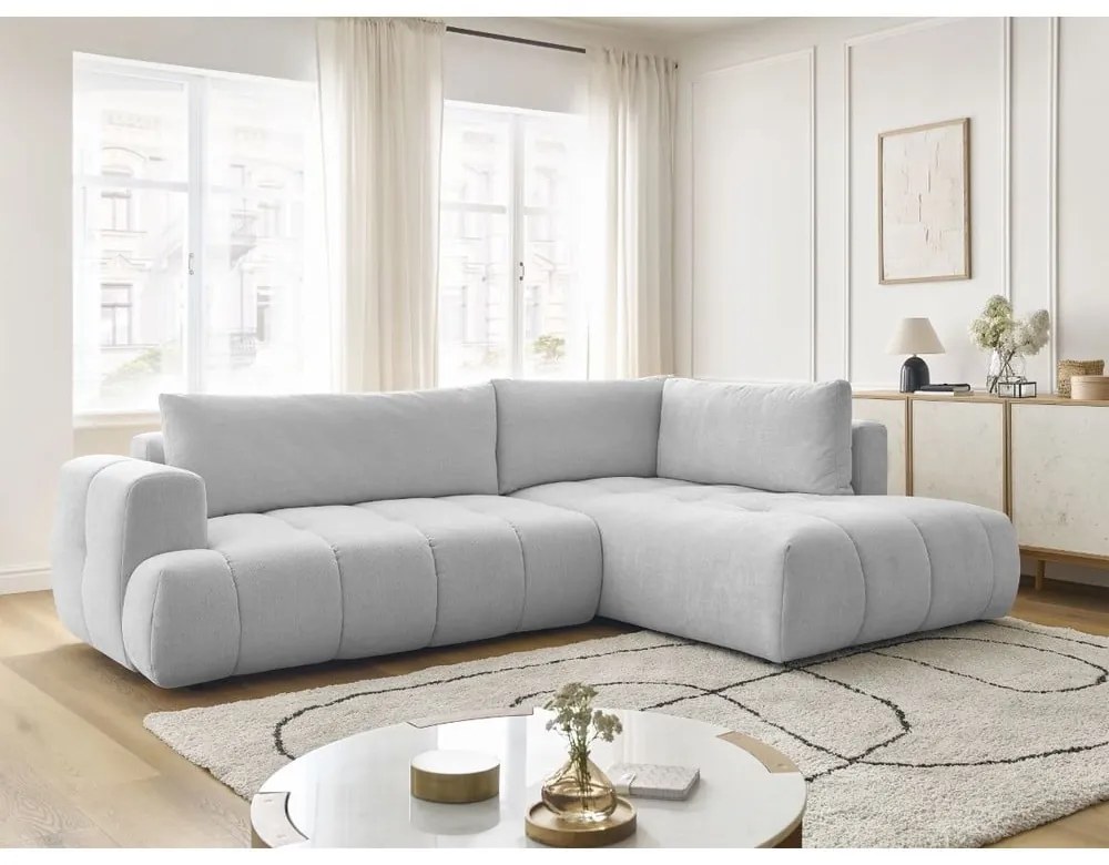 Világosszürke kinyitható-tárolóhelyes sarokkanapé (jobb oldali-L alakú) Fuji – Bobochic Paris
