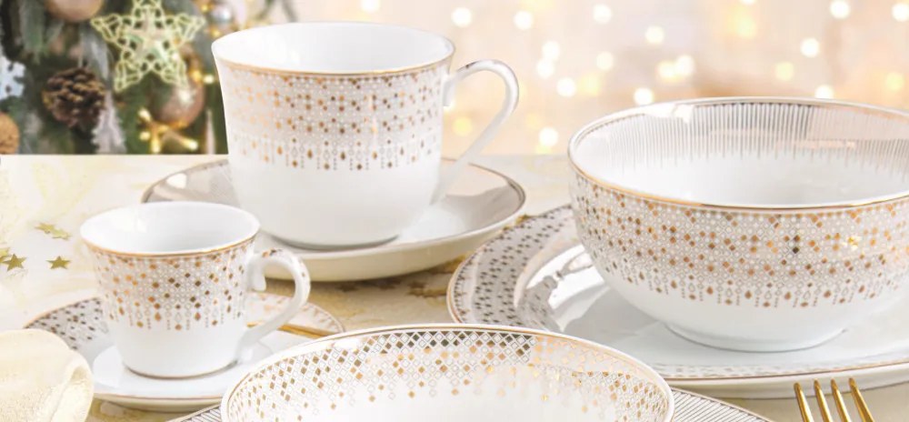 Festive karácsonyi porcelán kínáló tálca, díszdobozban