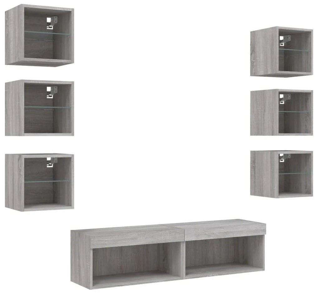 8 darab szürke sonoma színű szerelt fa fali TV-bútor LED-del