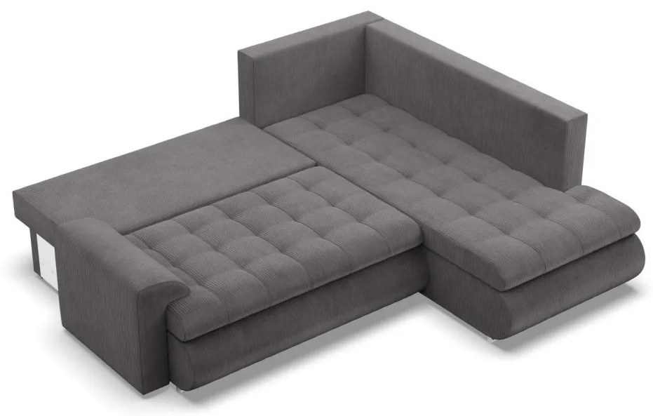 Tokio sarokkanapé, L alakú háttámlával, 2 ágyneműtartóval, kordbársony, jobboldali, szürke