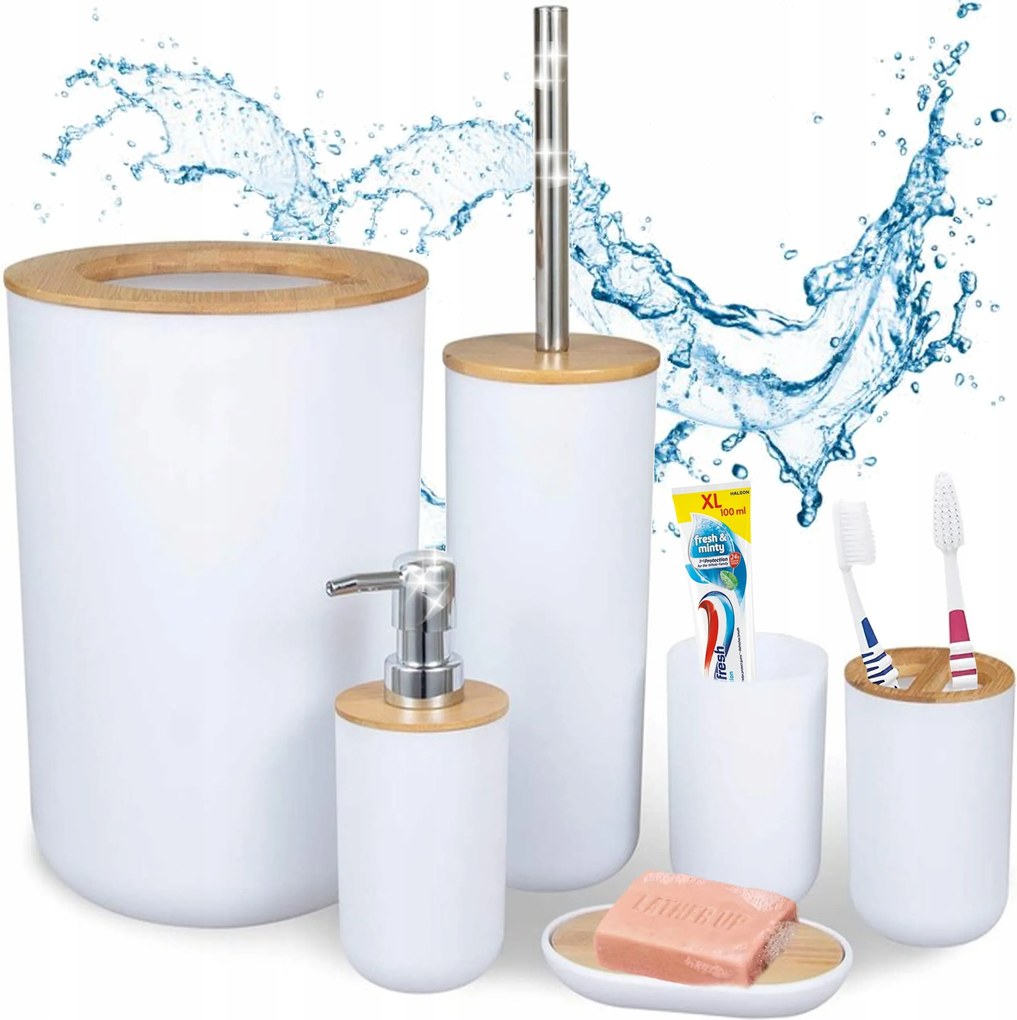 Fürdőszoba Szett Bambusz kosár adagoló szappantartó bögre kefe 6EL