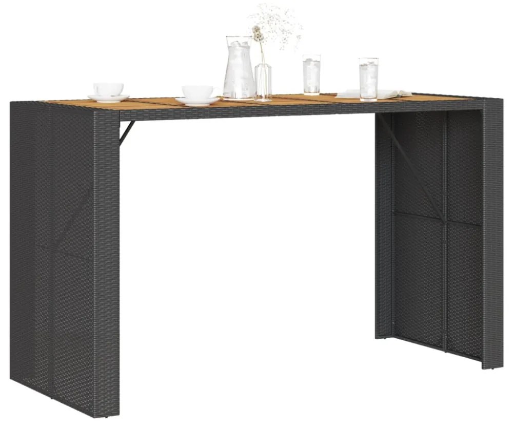 fekete polyrattan kerti bárasztal akácfa lappal 185x80x110 cm