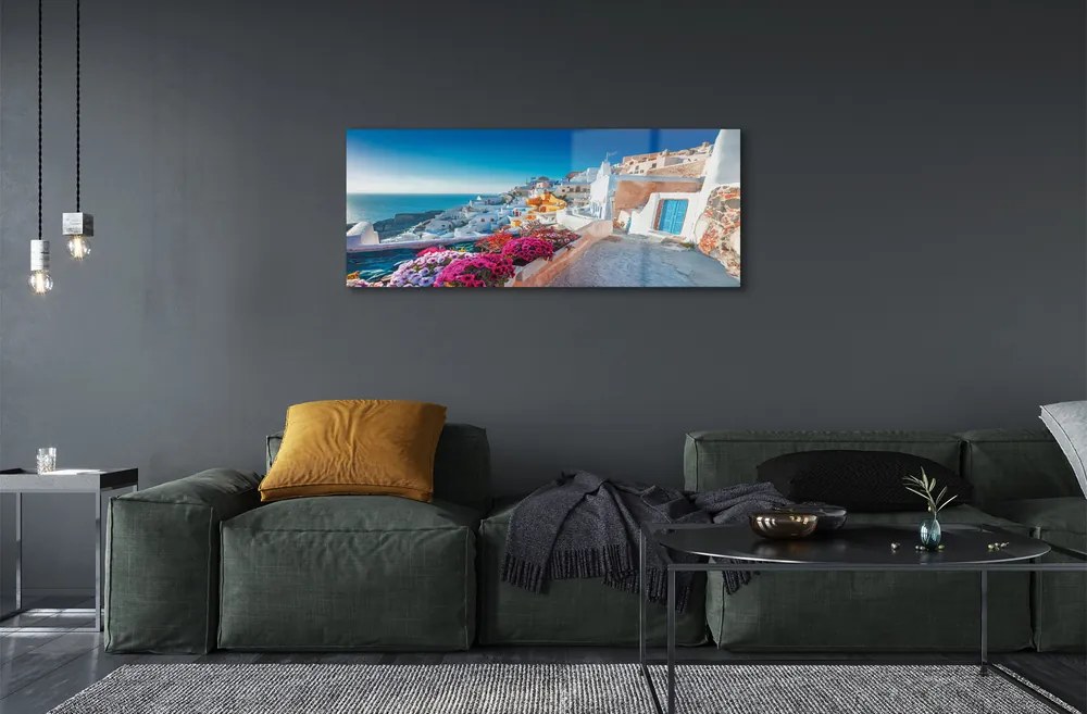 Üvegképek Épületek Görögország tenger virág 125x50 cm