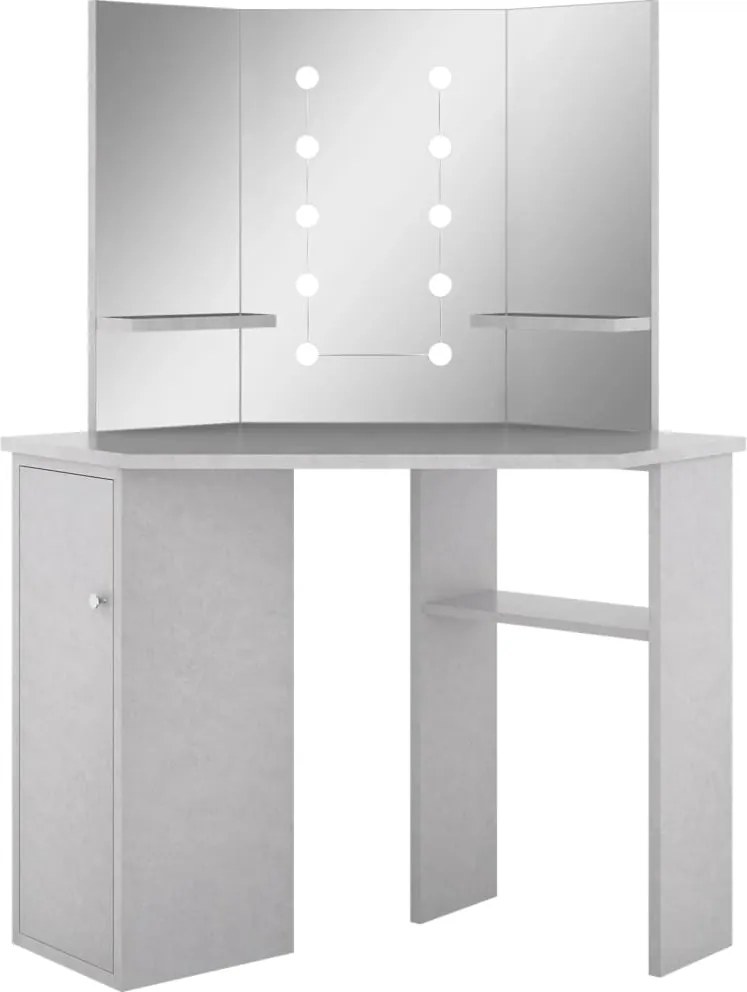 vidaXL betonszürke sarok-fésülködőasztal LED-del 111x54x141,5 cm