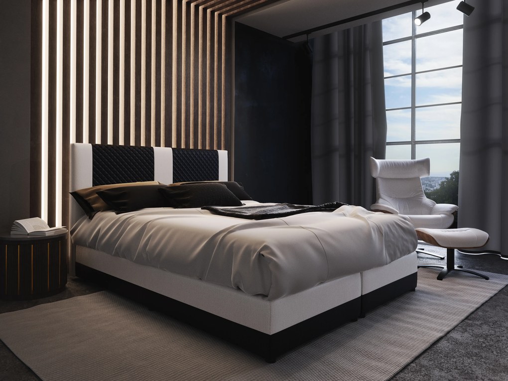 Franciaágy  Boxspring 140 cm Pecos Comfort (öko-bőr  + fekete + fehér) (matraccal és tárolóhellyel). 1056265
