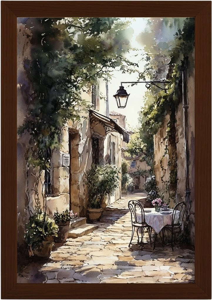 Poszter Keret Fa Város Dél Utca Macskakövek Házak Kávézó 40x60