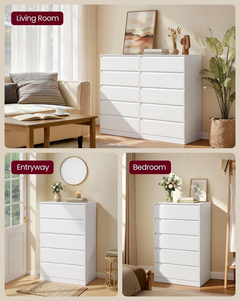 KAILYN kollekció - Modern komód, hófehér fiókos szekrény 5 fiókkal, 40 x 60 x 97,4 cm