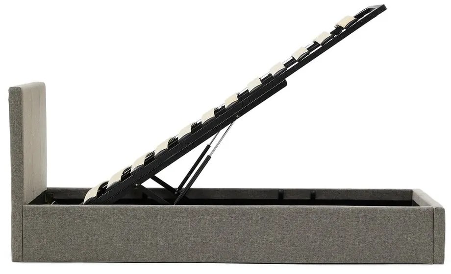 Szürke kárpitozott ágyneműtartós egyszemélyes ágy ágyráccsal 90x200 cm Nahiri – Kave Home