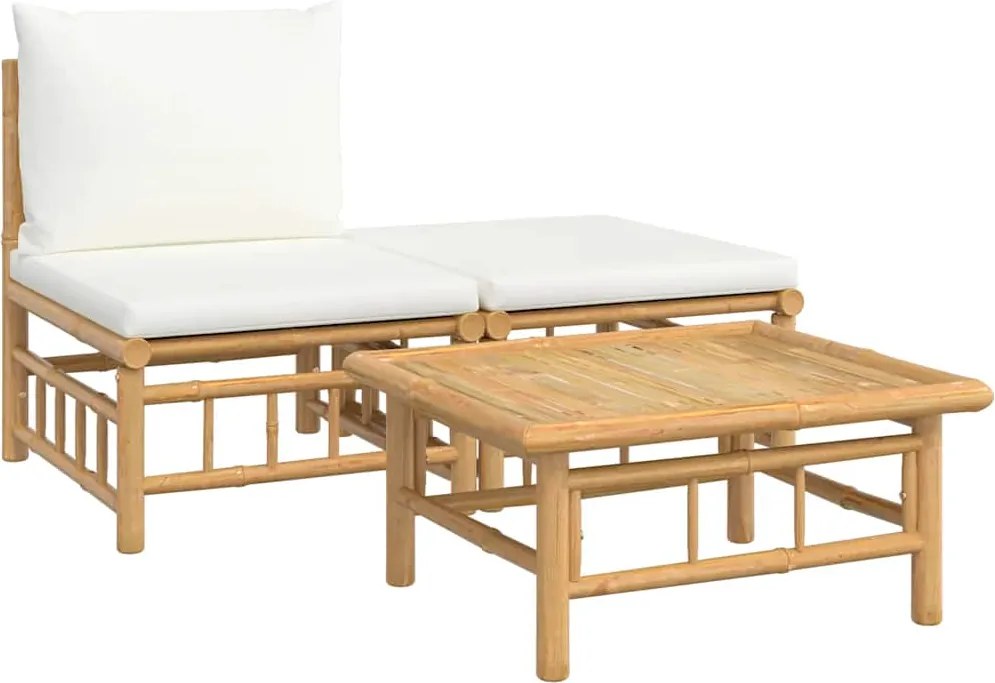 vidaXL 3 részes bambusz kerti ülőgarnitúra krémfehér párnákkal