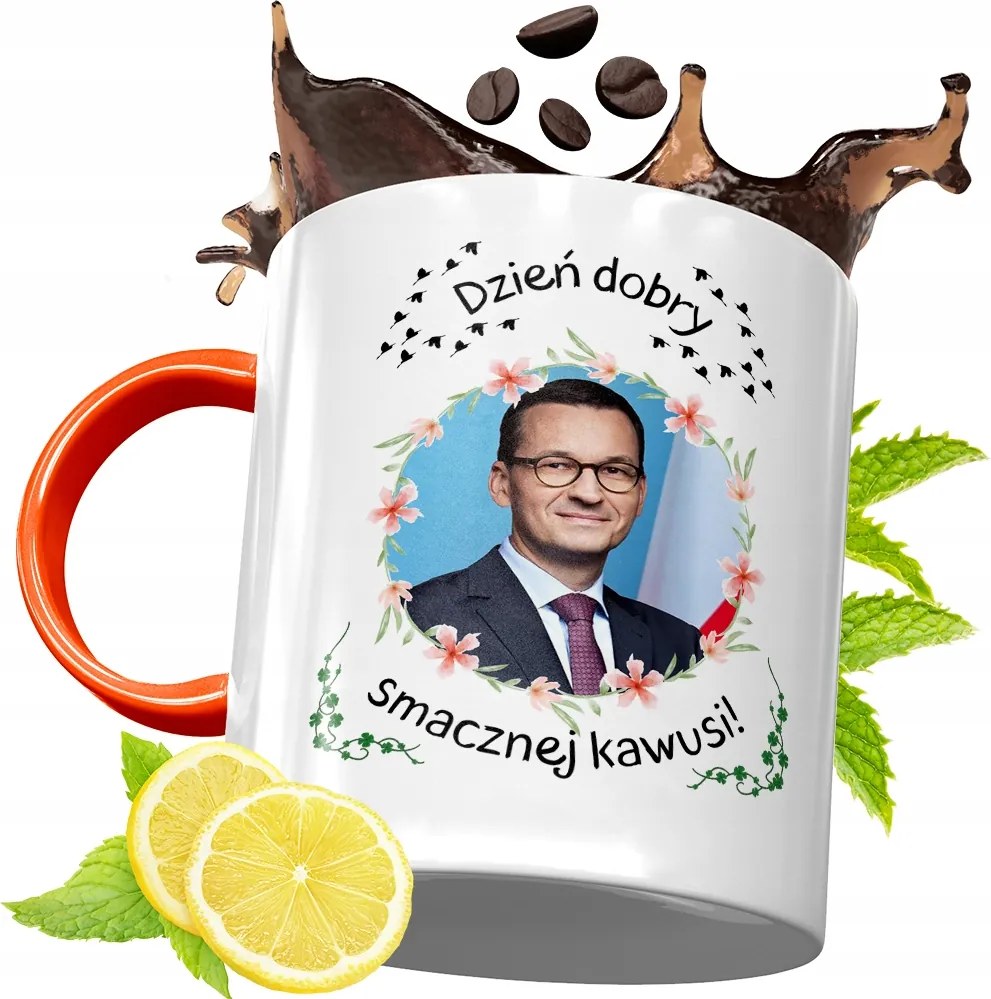 Narancssárga Bögre Mateusz Morawiecki Ajándék fényképes nyomtatással