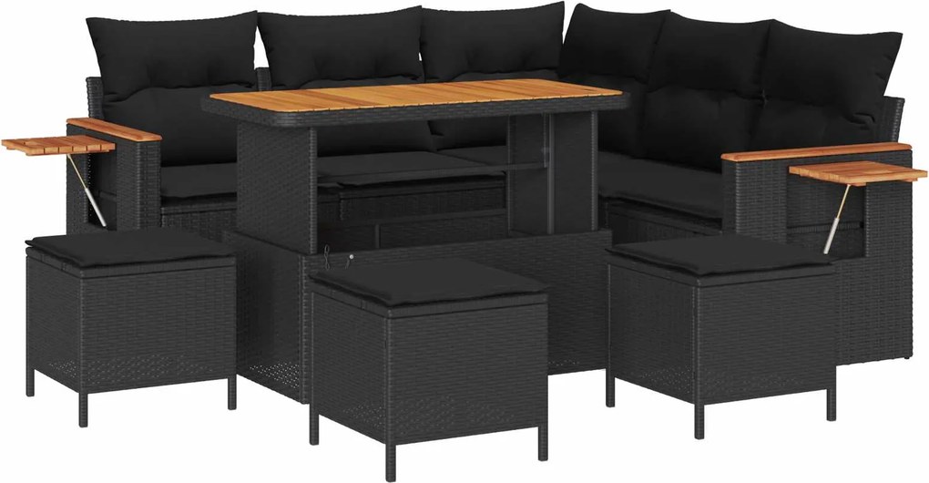 vidaXL Kerti Kanapé Szett 9 pcs Fekete Poli rattan és porfestett acél