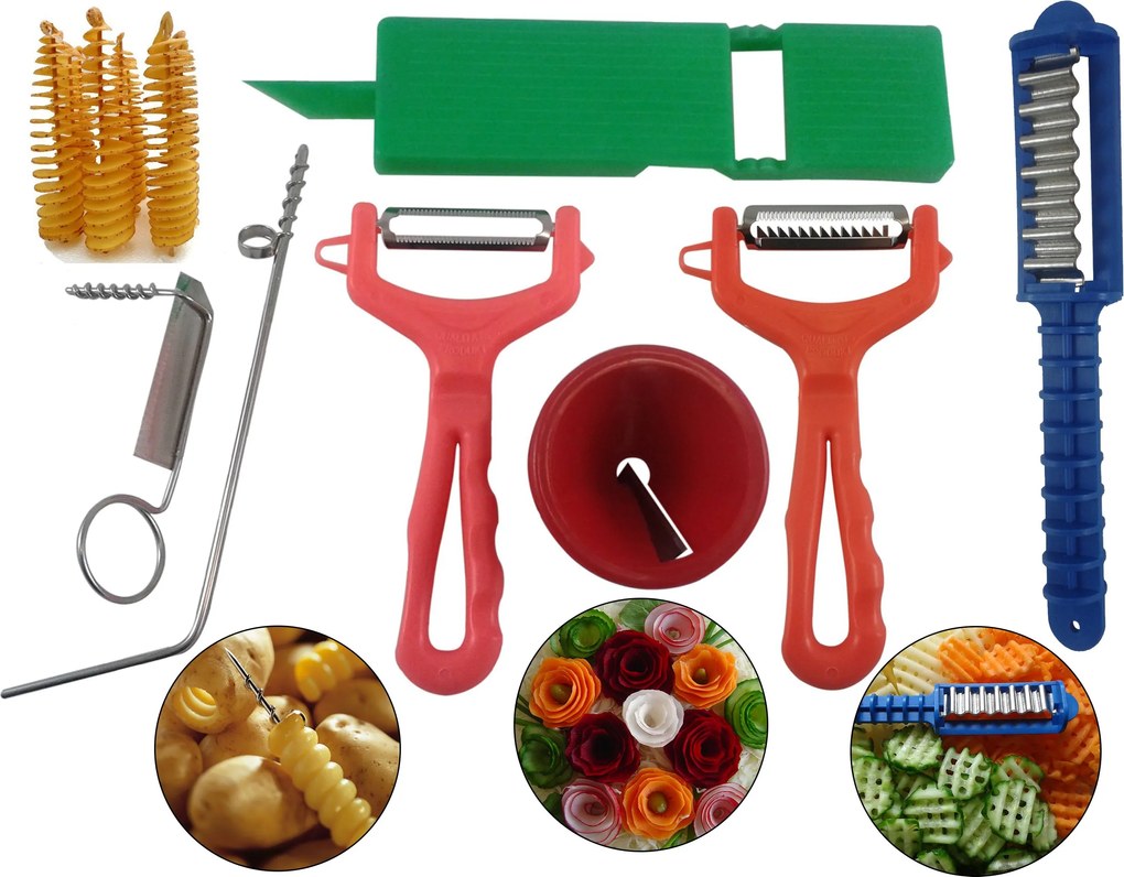 Hegyező, Spirál Kés 2db, Hámozó 2db, Carving Julienne Reszelő #23