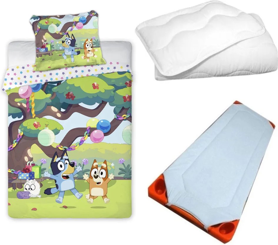 Bluey Garden Party gyerek, ovis ágyneműhuzat, derékalj és paplan/párna szett 100x135 cm 40x60 cm