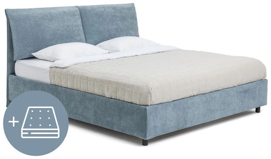 Kék kárpitozott ágyneműtartós franciaágy matraccal, ágyráccsal 160x200 cm Myra Pillow – Bonami Selection