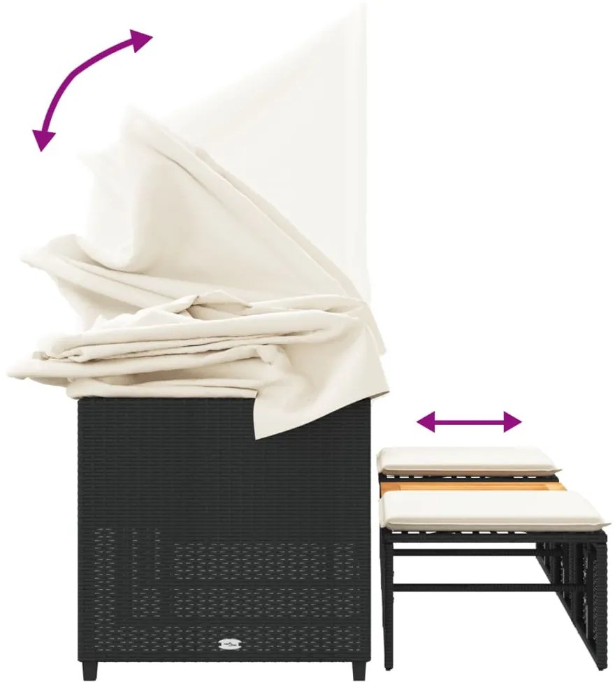 3 személyes fekete polyrattan kerti kanapé baldachinnal/székkel