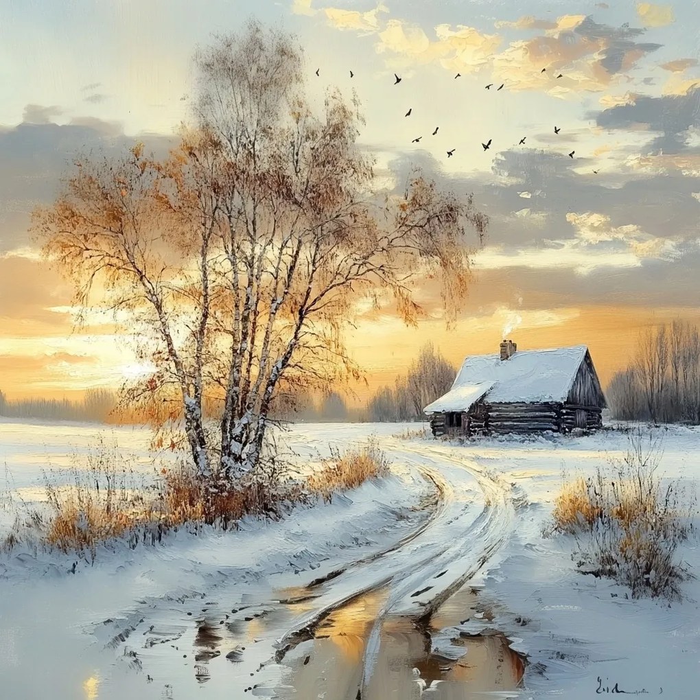 Vászonkép Canvas Tájkép Tél Nyírfa Hó Nap 80x80