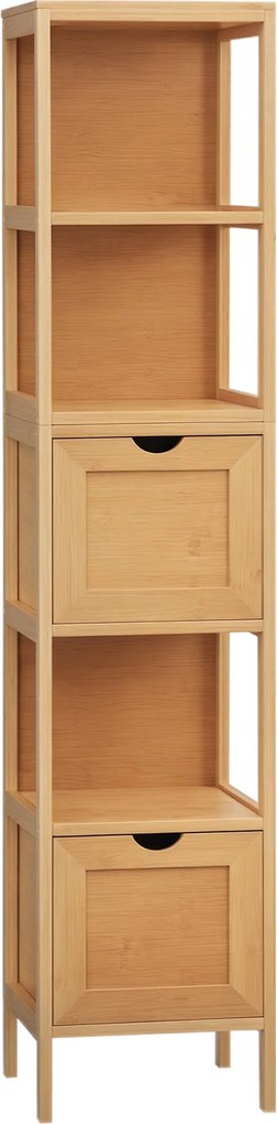 Kleankin Fürdőszobaszekrény 2 Fiókkal, 3 Polccal, Bambusz Oldalszekrény Karcsú Tárolószekrény fürdőszobához és Nappaliba 30 x 30 x 140 cm Természetes