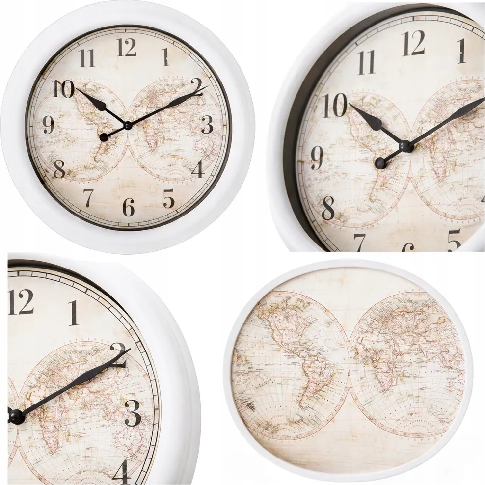 Kvarc falióra analóg tippek Világtérkép Ø 38,5x5,3 cm Fehér