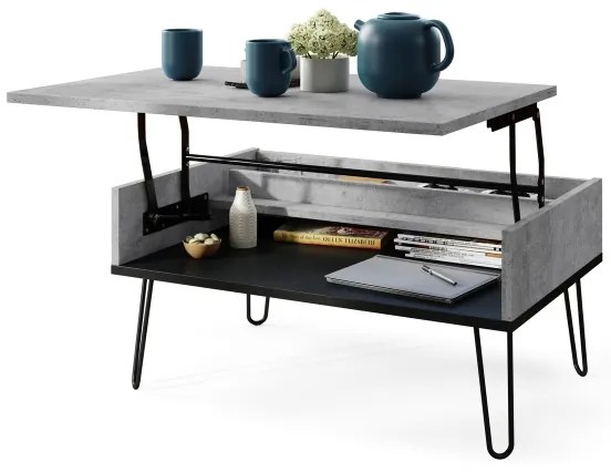 HALIJA dohányzóasztal emelhető asztallappal és polccal, szürke beton/fekete