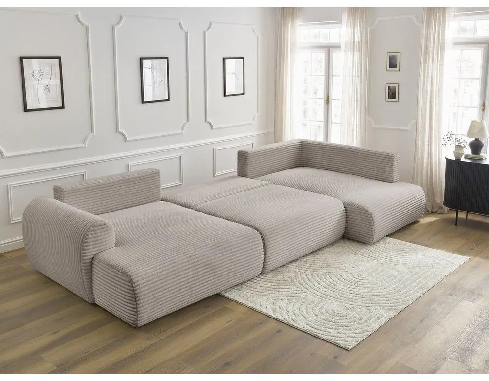 Világosszürke-bézs kordbársony kinyitható-tárolóhelyes sarokkanapé (jobb oldali-U alakú) Lucien – Bobochic Paris