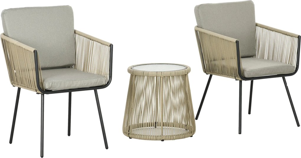 Outsunny 3 részes PE Rattan és Acél Kert Szett, 2 szék mosható párnákkal, karfával, üveg tetejű kávézó asztal, erkély, terasz bútor szett, Kávé/Fény G